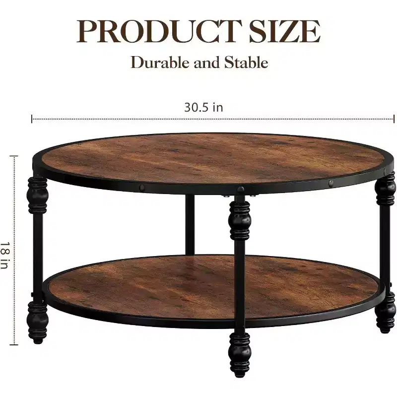 COZONY Round 2-Tier Rustic Coffee Table with Wood Top & Sturdy Roman Column Metal Legs, Easy Assembly Living Room Center Table
