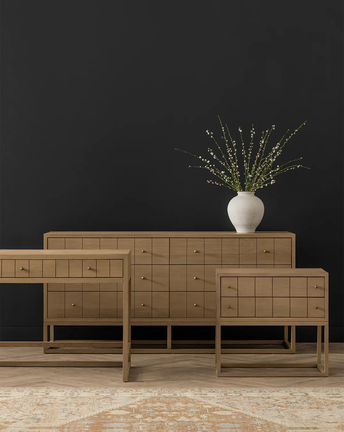 Contemporary Dresser with Etched Grid Pattern & Brass Pulls for Bedroom