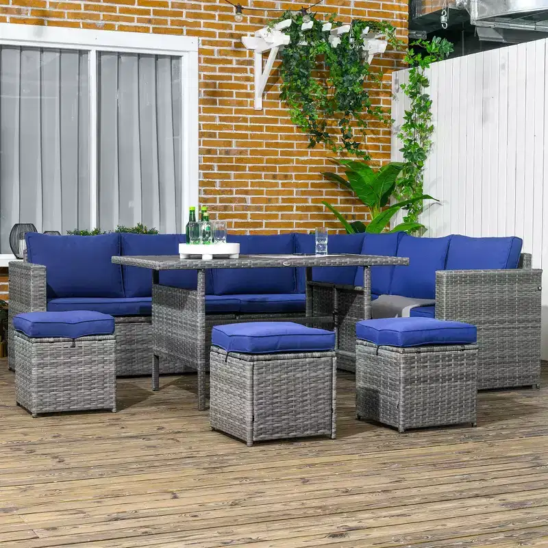 7 Piece Rattan Patio Furniture Set, Outdoor L-Shaped Sectional Sofa Conversation Set with Cushions, Storage