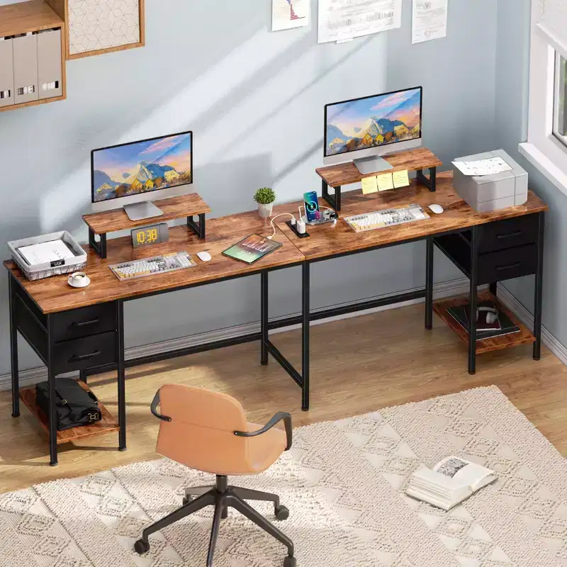 59 Inch Rustic Brown L Shaped Computer Desk with Charging Station Two Person Gaming Desk 4 Drawers 2 Monitor Stands Home Office Corner Workstation