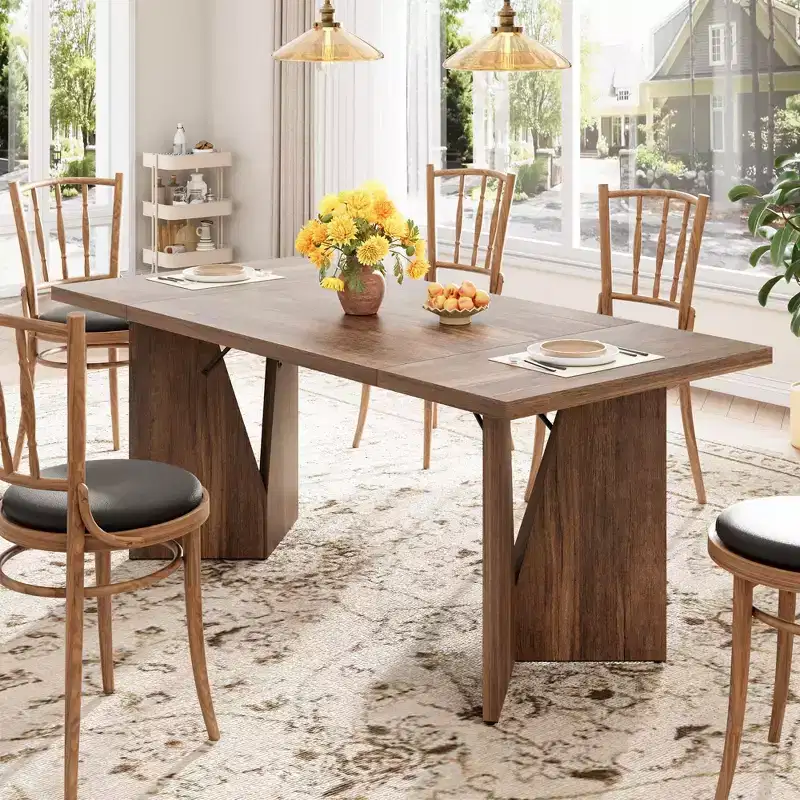 Dining Table for 6, Farmhouse Rectangular Kichen Table with Sturdy Frame, Wooden Thickened Long Desk