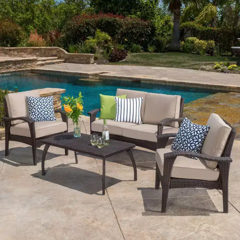 GDFStudio Hilary Outdoor Wicker 4 Seater Chat Set with Water Resistant Cushions