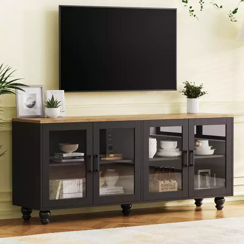 63-inch Farmhouse-Style Adjustable Shelf TV Stand for TVs 70 inches and under; Features tempered glass doors; Ideal for living rooms; Black