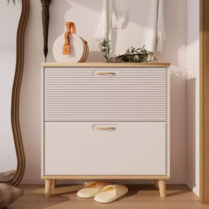 Okak Shoes Storage Cabinet, Shoe Rack with 2 Flip Drawers and Natural Wood Legs, Slim Entryway Storage Organizer for Hallway, Entryway