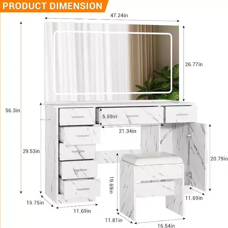 Modern Makeup Vanity Set with LED Mirror, 7 Drawers & Cushioned Stool – Marble White