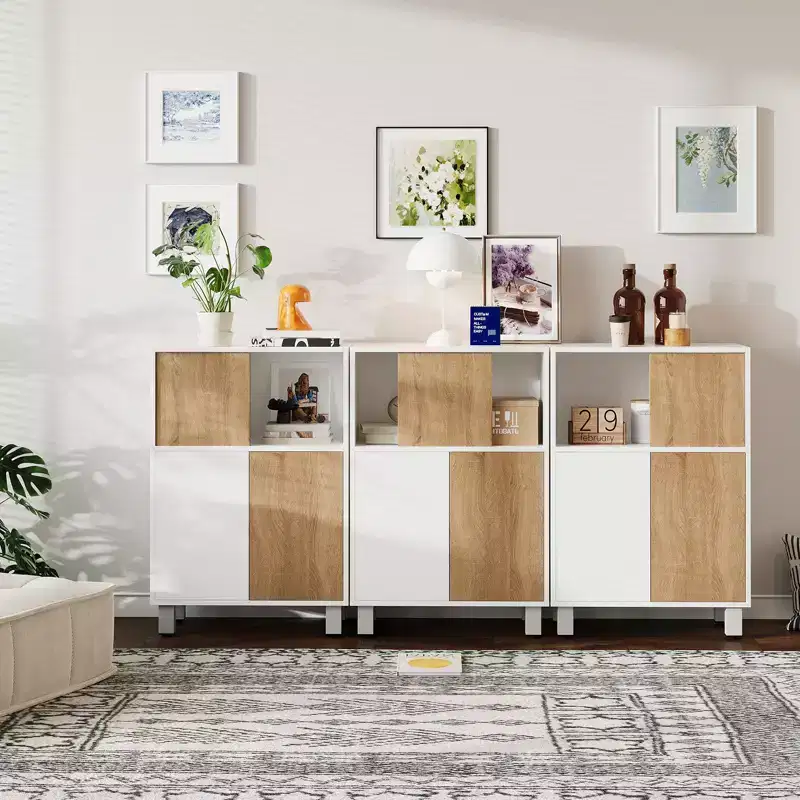 Wooden Storage Cabinet - Sideboard Buffet with Sliding Doors, Adjustable Shelves, Bathroom Floor Standing Cabinet, Bookshelf for Small Space, Corner