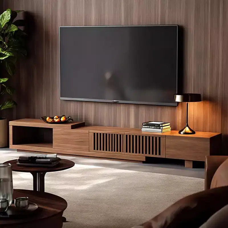 Luck Live Mid-Century Modern 78.54in expandable TV stand with 2 drawers, 2 cabinet doors, one open storage, maximum 120 inches/Walnut color&Modern.