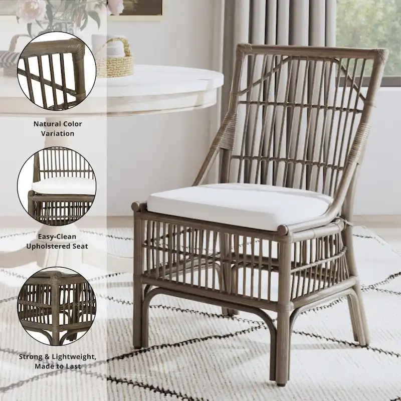 Rattan Slat Back Cushioned Dining Chairs, Two