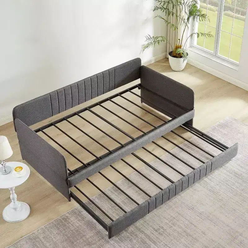 Twin Size Daybed with Trundle, Upholstered Sofa Bed Frame with Metal Slats, Platform Bed Frame, Single Daybed for Bedroom Living Room Guest Room