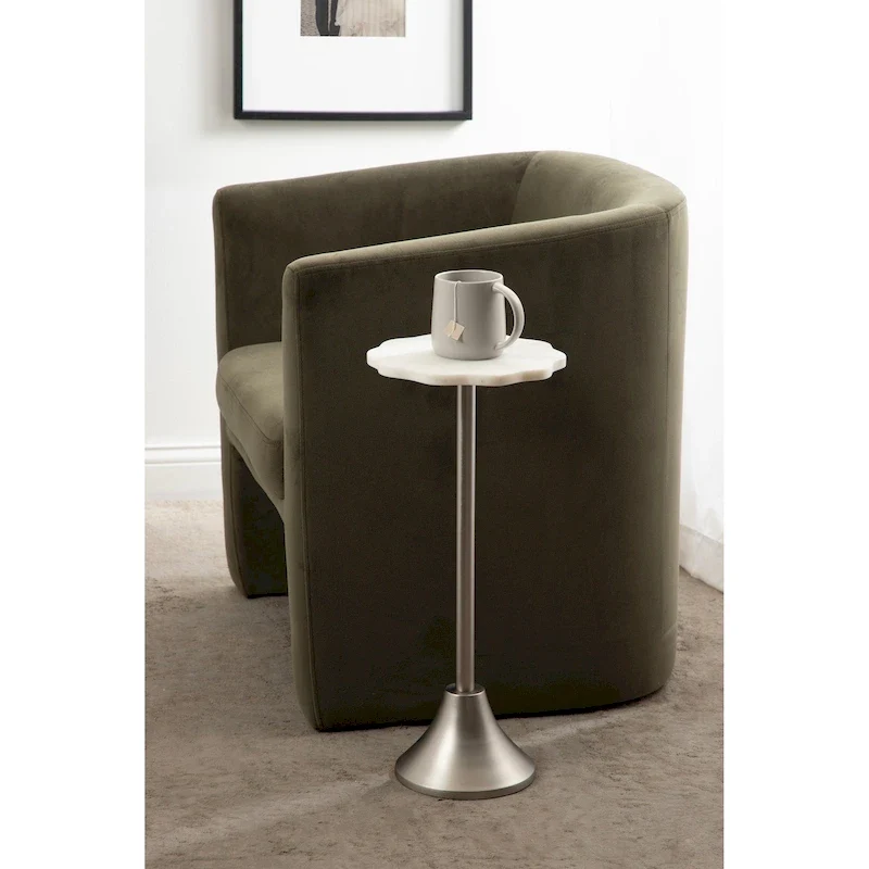 Scalloped Marble & Metal Drink Side Table, Modern Glam Accent Table