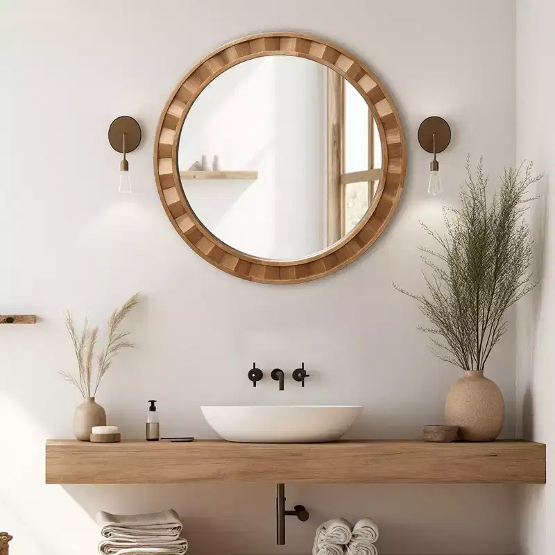 Round Wall Mirror with Natural Wood Frame, 28