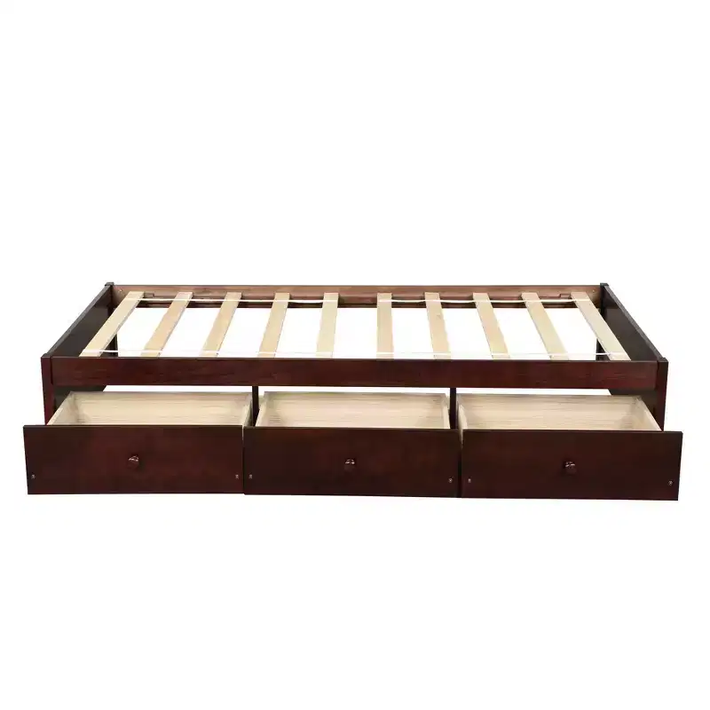 Twin Size Platform Bed with 3 Storage Drawers, Solid Pine Wood