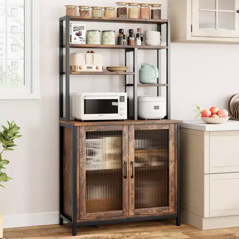 Bakers Rack with Cabinet 5 Tier Microwave Stand 63.78 Microwave Storage Rack with Door Vintage Kitchen Utility Storage Shelf