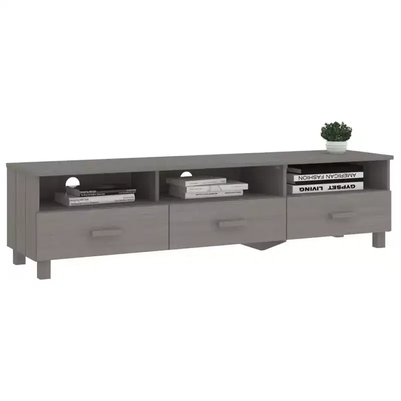 Light Gray Pine TV Stand/Console Sideboard - 62.2 x 15.7 x 15.7 in | Solid Wood, MDF | 3 Drawers, 3 Compartments