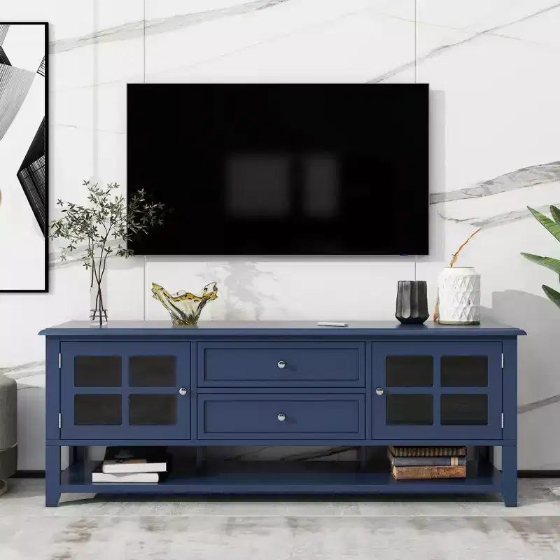 JVNOXK Mid-Century TV Stand with 2 Glass Doors & 2Drawers, Minimalist Entertainment Center for TVsUp to 60', Sturdy Console for Living Room &Bedroom