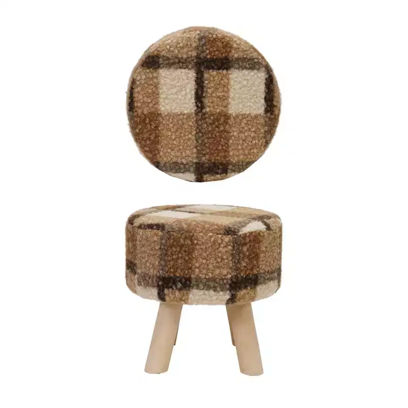 Plaid Upholstered Stool with Pine Wood Feet, Multicolor Plaid