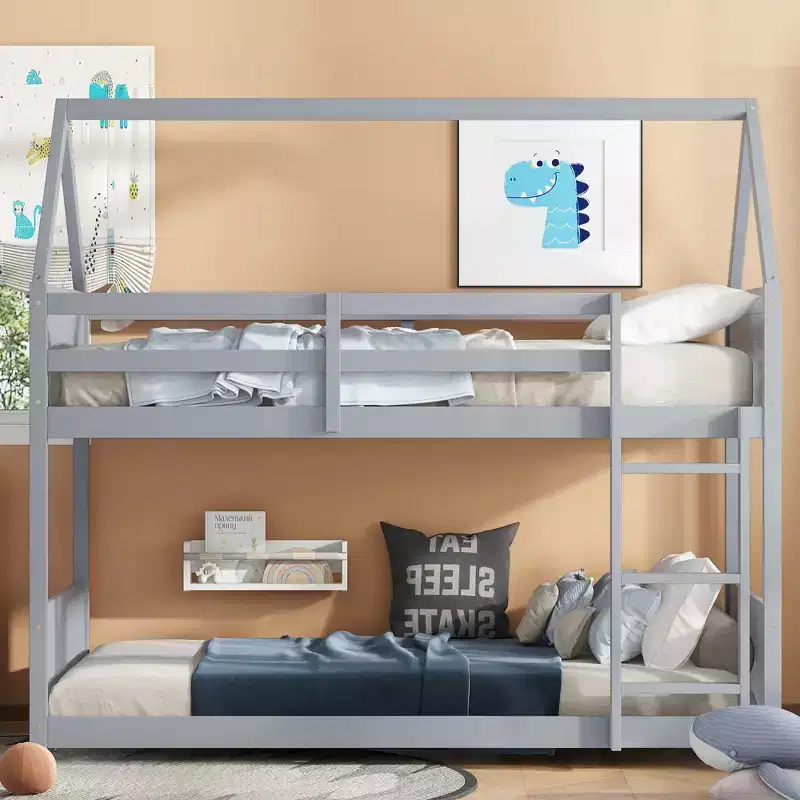Whisen Twin Over Twin House Floor Bunk Bed with Headboards, Footboards, Guardrails and Ladder