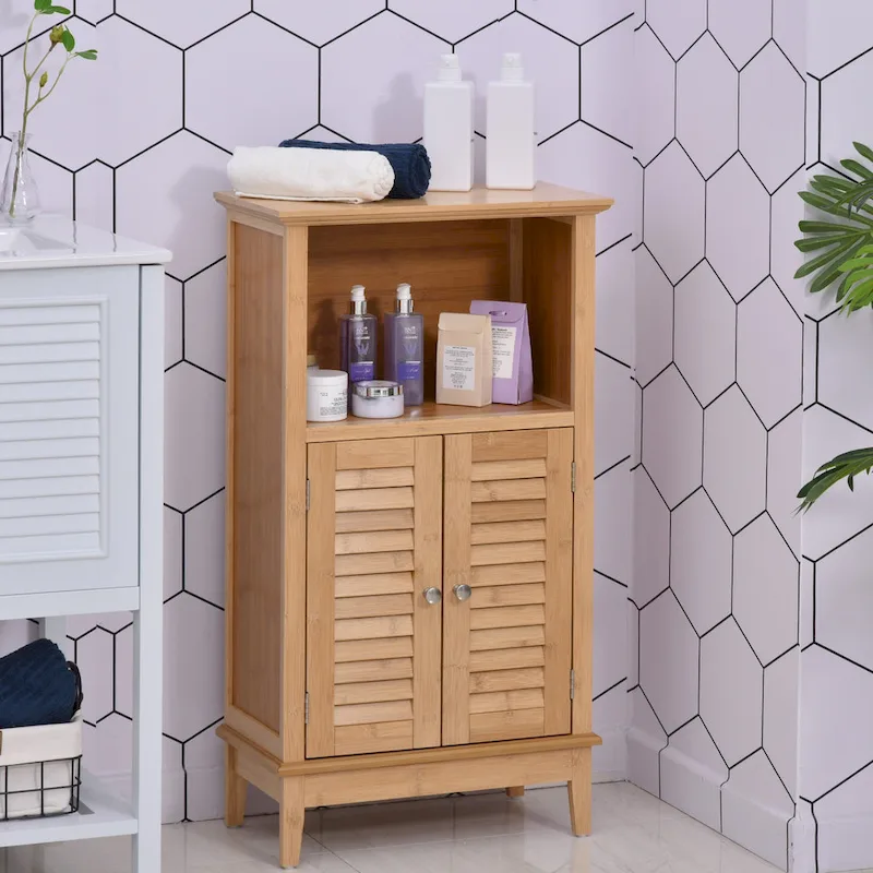 Brown Bamboo Floor Storage Cabinet with Open Shelf and 2 Doors, 1-Person Assembly
