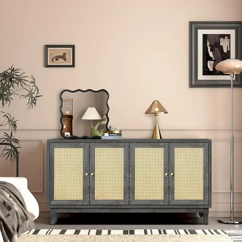 Rattan Sideboard Buffet Cabinet with 4 Doors