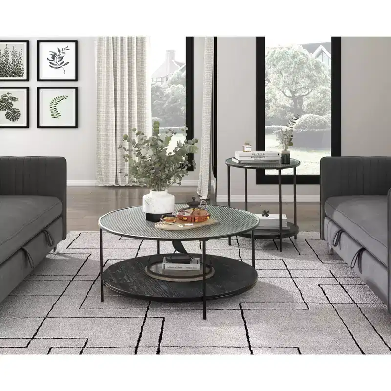 GDFStudio Carson Modern 2-Piece Metal Round Coffee Table and End Table Set with Glass Top