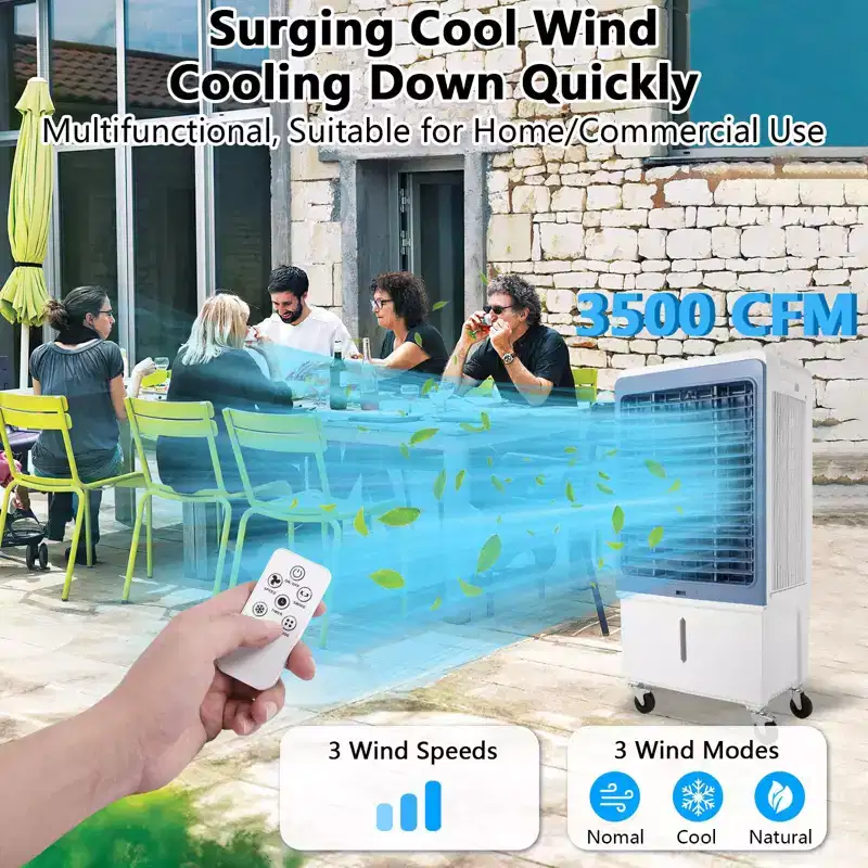 3500CFM Evaporative Air Cooler, Swamp Cooler with Remote Control and 12H Timer, 4 Ice Packs, 3 Modes & Wind Speeds for Outdoor Indoor Use, 13.2 Gallon