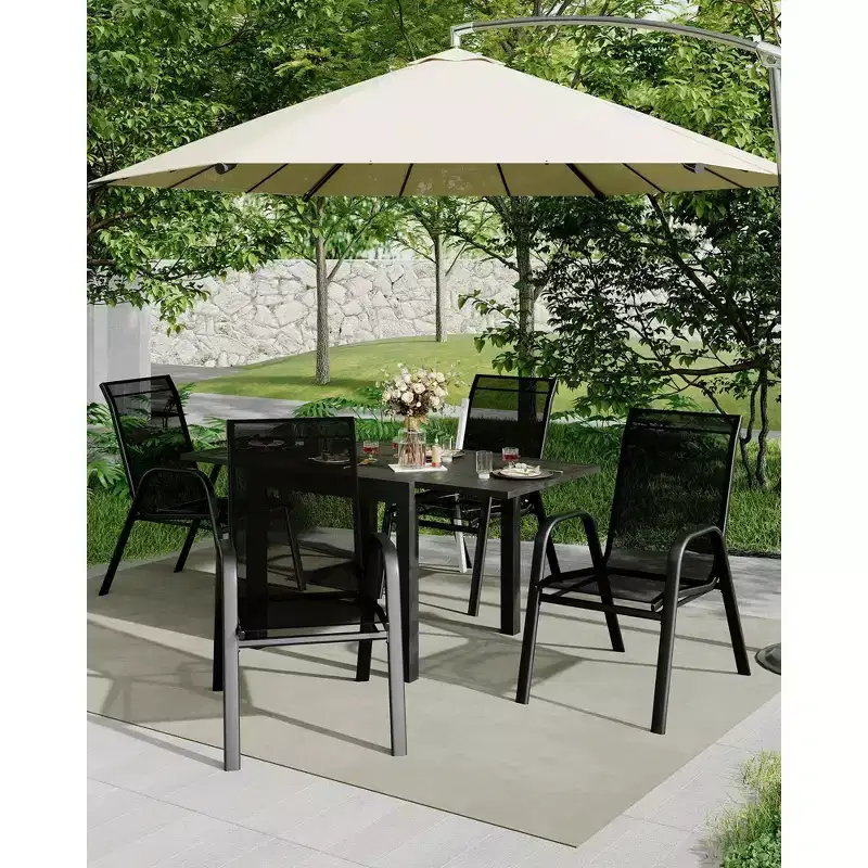 Set of 4 Outdoor Stackable Dining Chairs, High-Back Patio Chairs with Textilene Fabric, All-Weather Metal Frame for Deck, Lawn, Garden, Grey