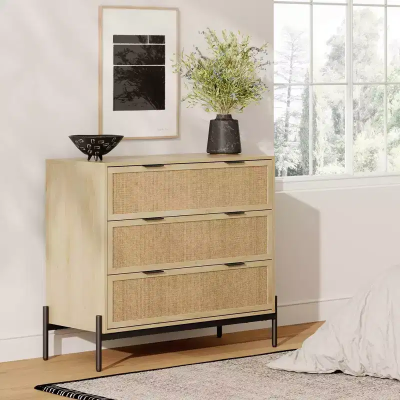3-Drawer Storage Cabinet with Natural Rattan Accent and Metal Legs