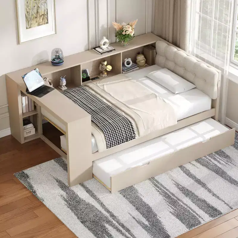 Twin/Full Size Daybed with Storage Shelves, Charging Station & Upholstered Headboard
