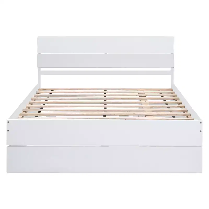 Full Size Platform Bed Frame with Twin Trundle & 2 Drawers, Wood Slat Support, No Box Spring Needed for Guestroom Small Space
