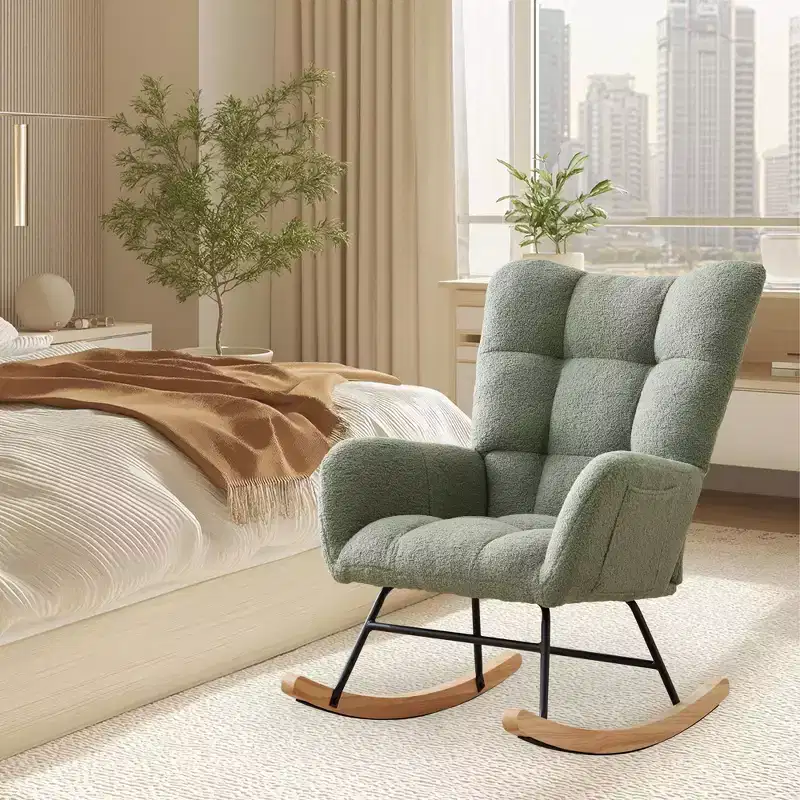 Teddy Upholstered Rocking Chair, Glider Chair with High Backrest, Modern Comfy Accent Armchair Reading Chair for Bedroom, Living Room