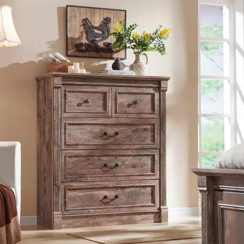 5 Drawers Dresser for Bedroom, Farmhouse 46 Tall Dressers w/Roman Column