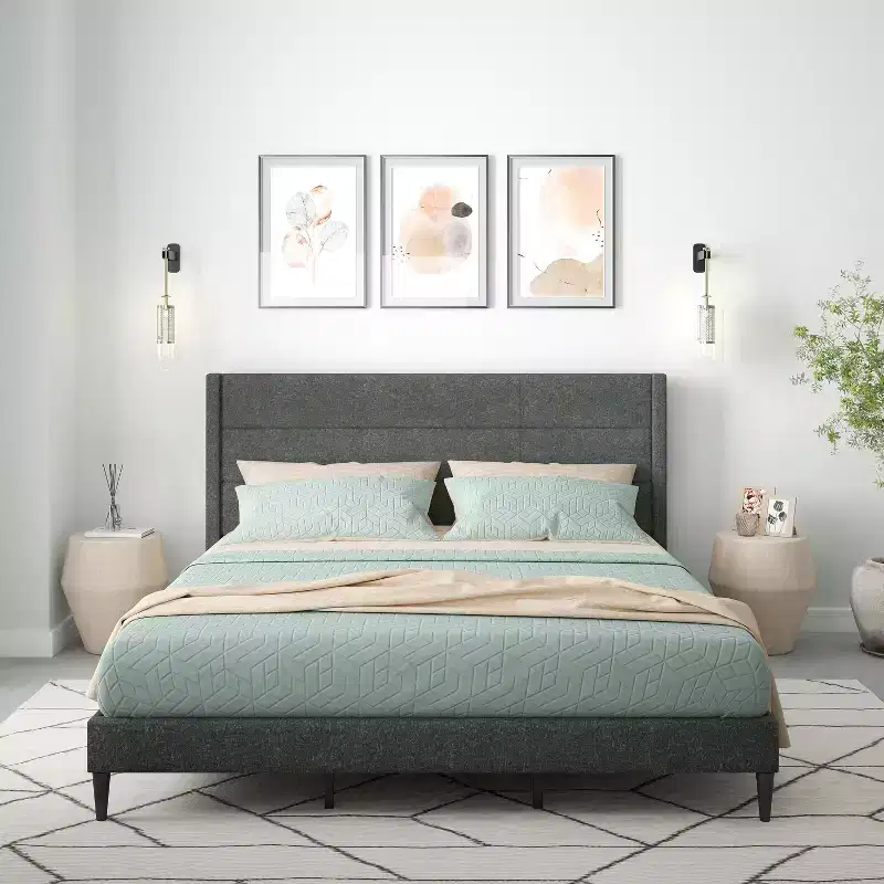 Upholstered Wingback Platform Bed Frame, No Box Spring Needed, Easy Assembly