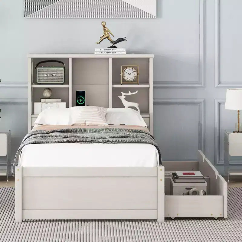 Twin Size Bed Frame with Bookcase Headboard, USB Port and 2 Drawers, Modern Storage Bed, White Washed