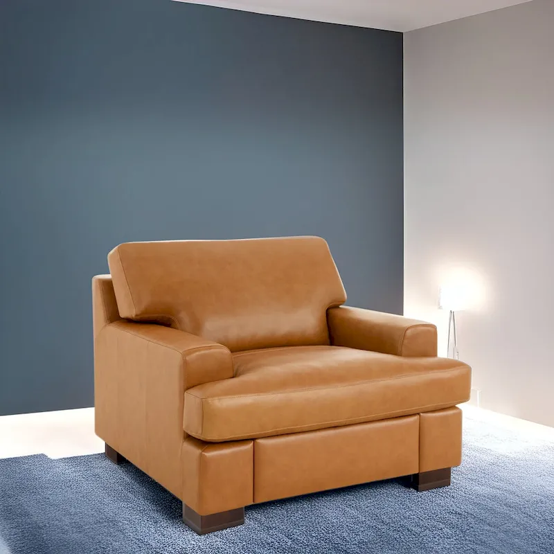 Genuine Leather Accent Chair – Goose Feather Cushion, Square Arms, Block Legs, 400 lb Cap