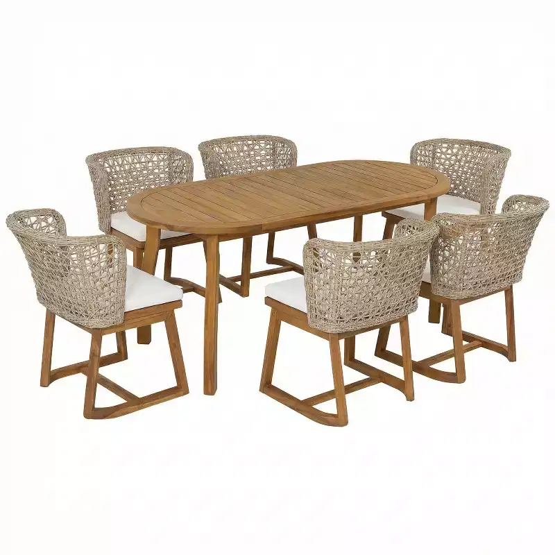 Christopher Knight Home Crunhi Modern 7 Piece Patio Acacia Dining Set with Slatted Table and Wicker Back