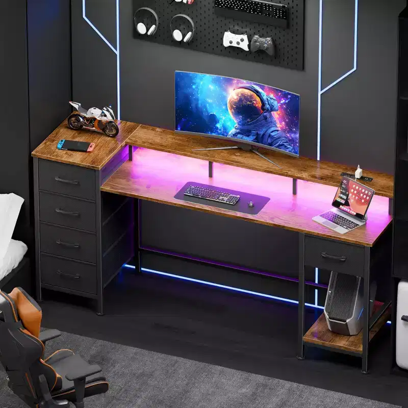 61 Inch Brown Gaming Desk with Charging Station, RGB LED Lights & 5 Reversible Fabric Drawers