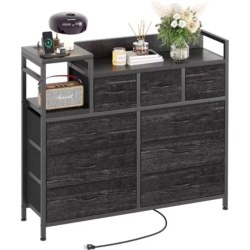 9-Drawer Storage Dresser - Steel/MDF Frame with Charging Station, 3-Size Drawers for Bedroom/Living Room