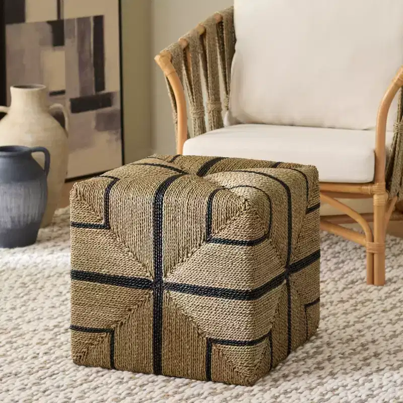 Woven Seagrass Ottoman, Natural/Black