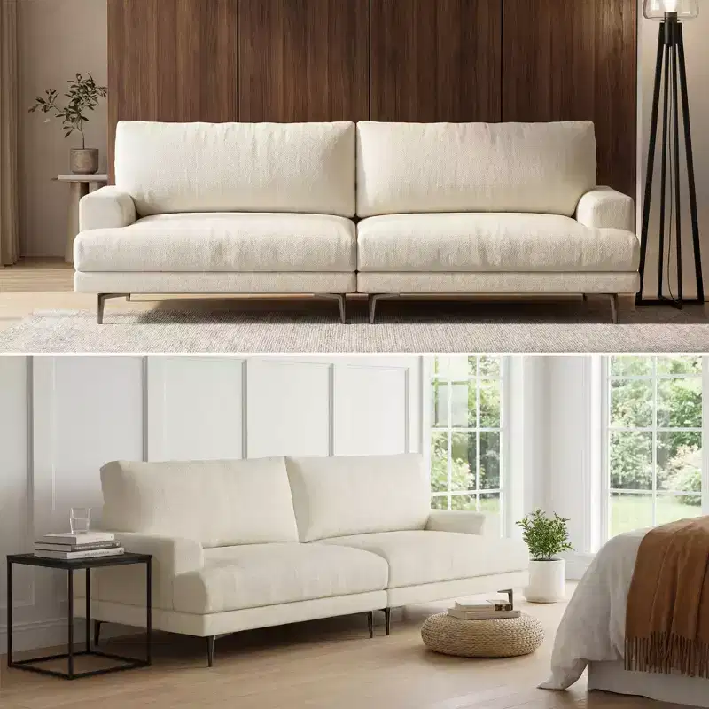86.61 Modern Cotton Sofa 3 Seater Couch with Down Filled Back Cushions Deep Seat Furniture for Living Room Beige