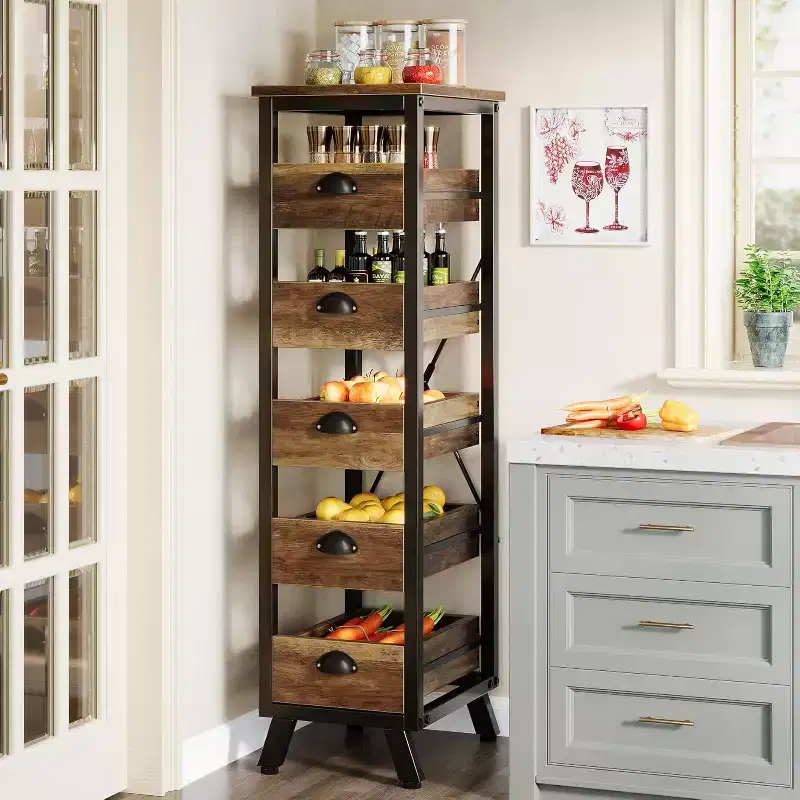 Wood Fruit and Vegetable Storage Rack, Narrow Snack Stand, Pull-Out Utility Organizer for Kitchen, Living Room, Rustic Brown