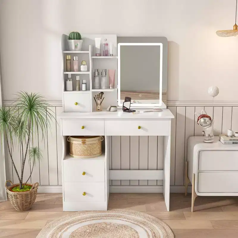 Okak Modern Vanity Desk with Movable and 3-Color Hidden Mirror, Makeup Vanity with 5 Drawers, Girls Vanity for Bedroom, Living Room, White