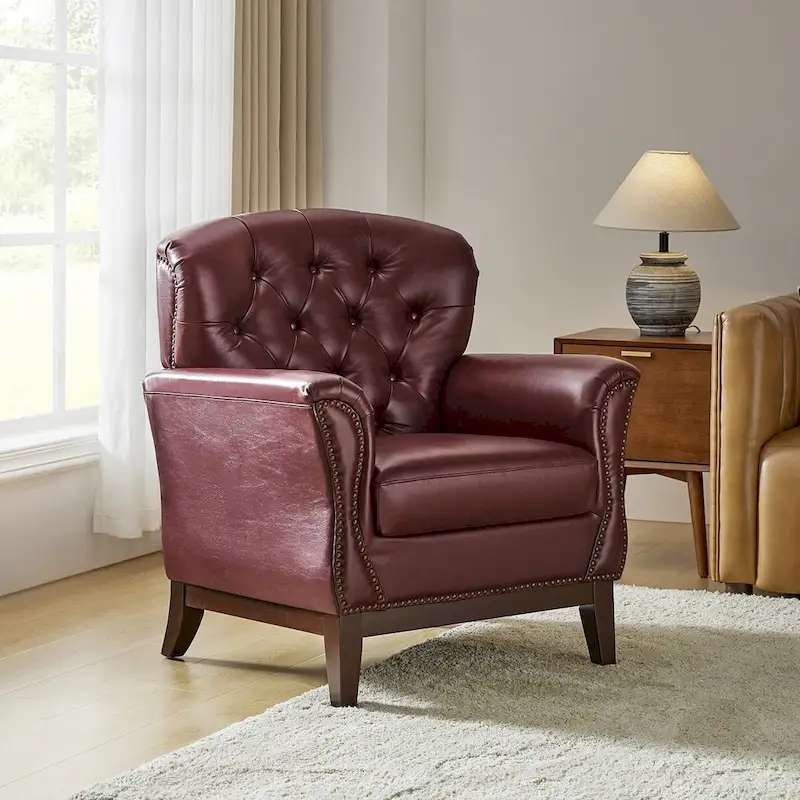 Burt Traditional Genuine Leather Accent Chair with Tufted Wing Back by HULALA HOME