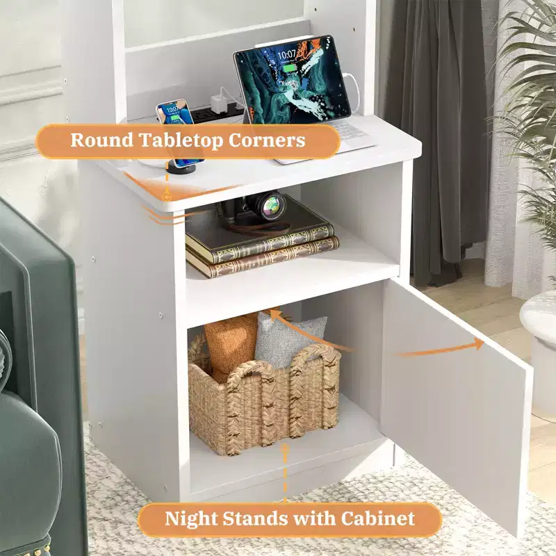 47 Adjustable Bookshelf with Hutch, Nightstand with Charging Station, LED Lights