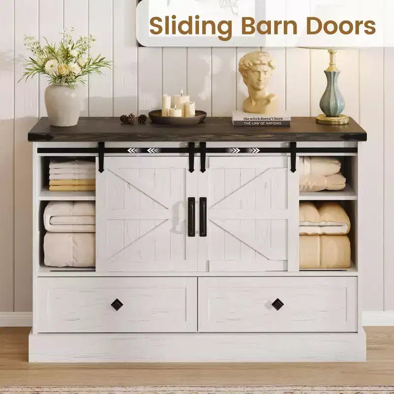 Farmhouse 4-Drawer Dresser with Sliding Barn Doors, 45 TV Stand and Storage Chest