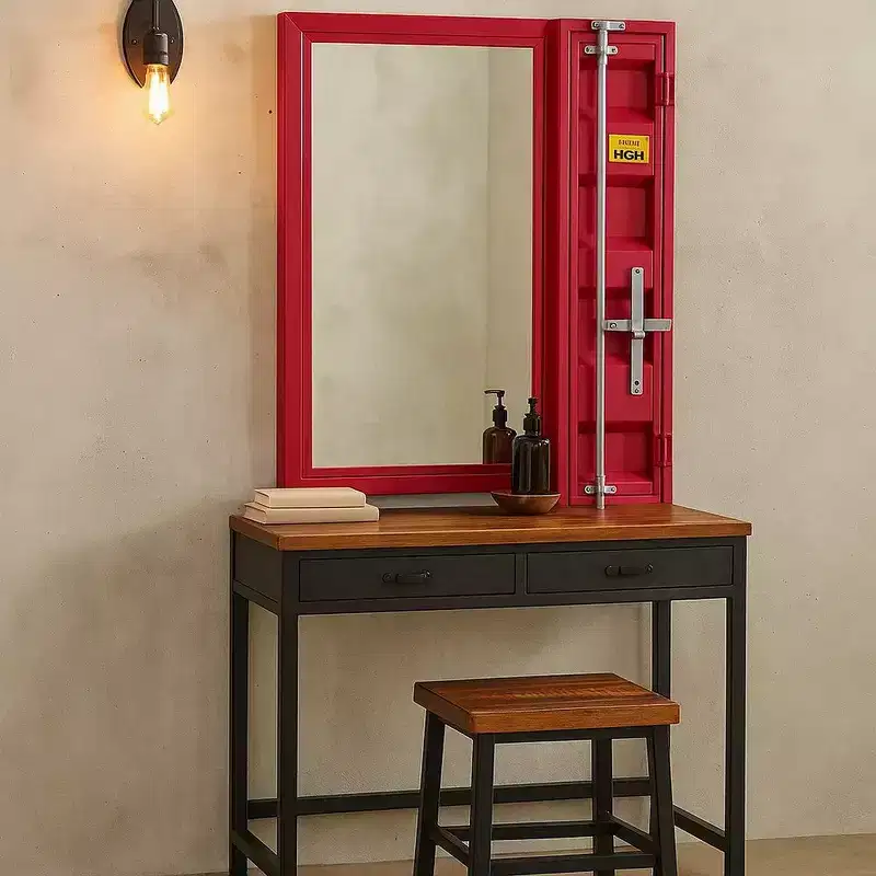 Royal Hampton Style Metal Vanity Mirror with Recessed Door Storage, Red
