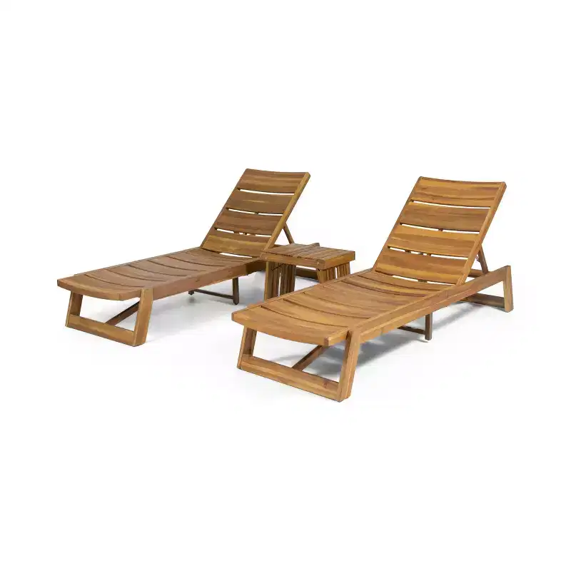 Kyoto 3pc Outdoor Acacia Wood Chaise Lounge Set: Adjustable, Water-Resistant - Christopher Knight Home