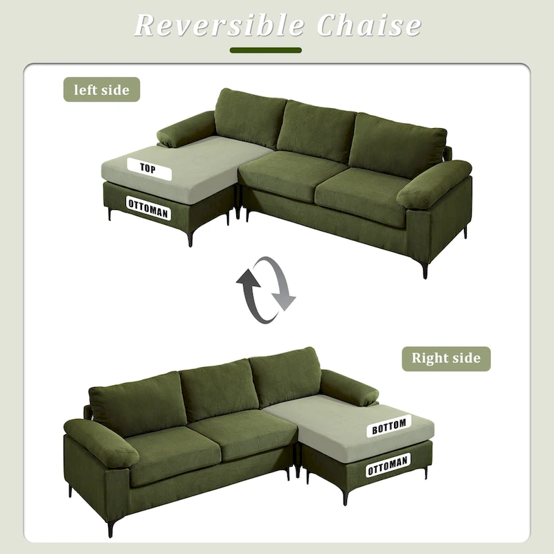 OVIOS Reversible Chaise Sofa With Fluffy Cushions Metal Legs