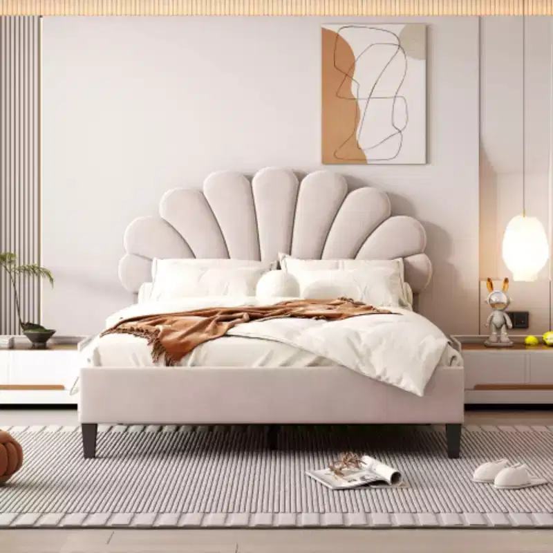 Full-Size Fabric Platform Bed with Floral Velvet Upholstered Headboard