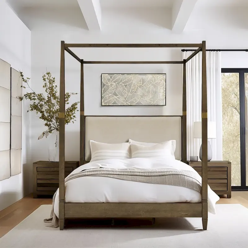 Queen Canopy Bed Frame, Solid Wood, Upholstered Headboard, Gold Metal Cuffs, Slat Foundation, 86.75W x 63.25D x 80H in