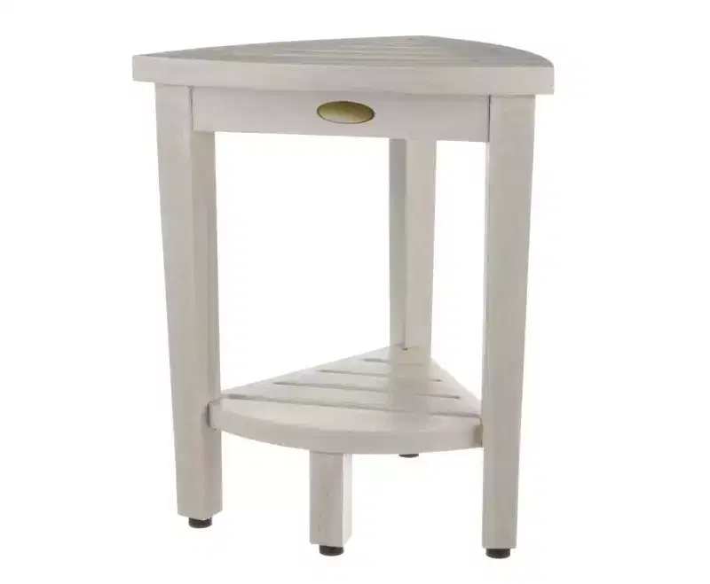 Compact Teak Corner Shower Stool With Shelf In Whitewash Finish
